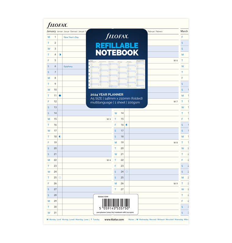 Refillable Notebook Year Planner Refill - A5 2024