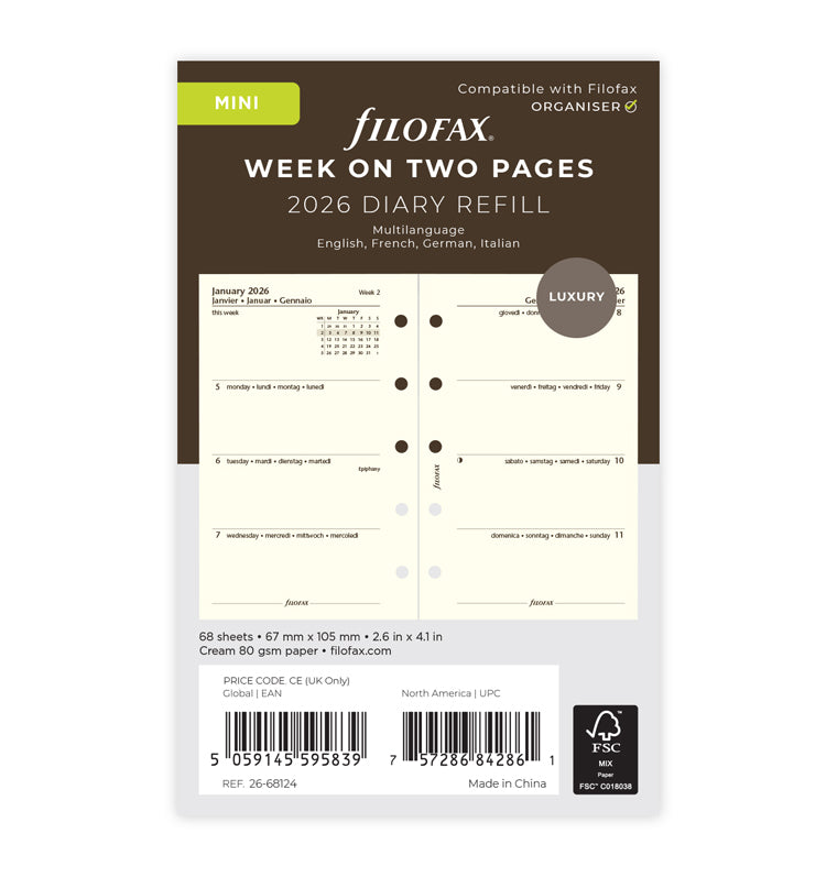 kalendár týždeň/2 strany 2026, Mini, krémový, 4 jazyky