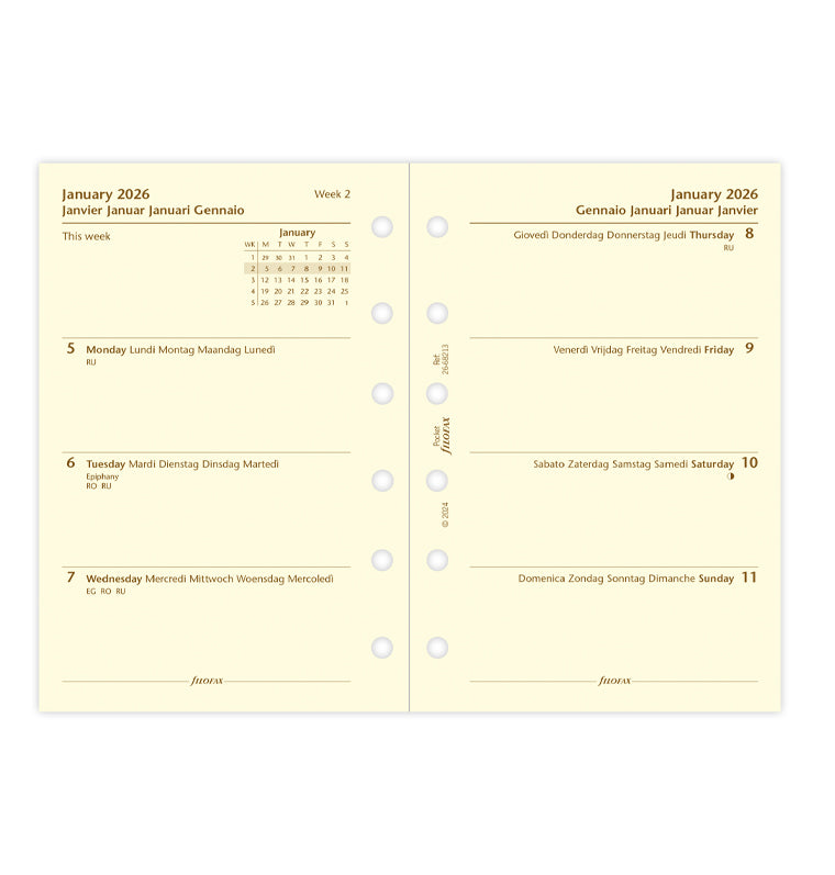 Filofax kalendár týždeň/2 strany 2026, Vreckový, krémový, 5 jazykov 26-68213