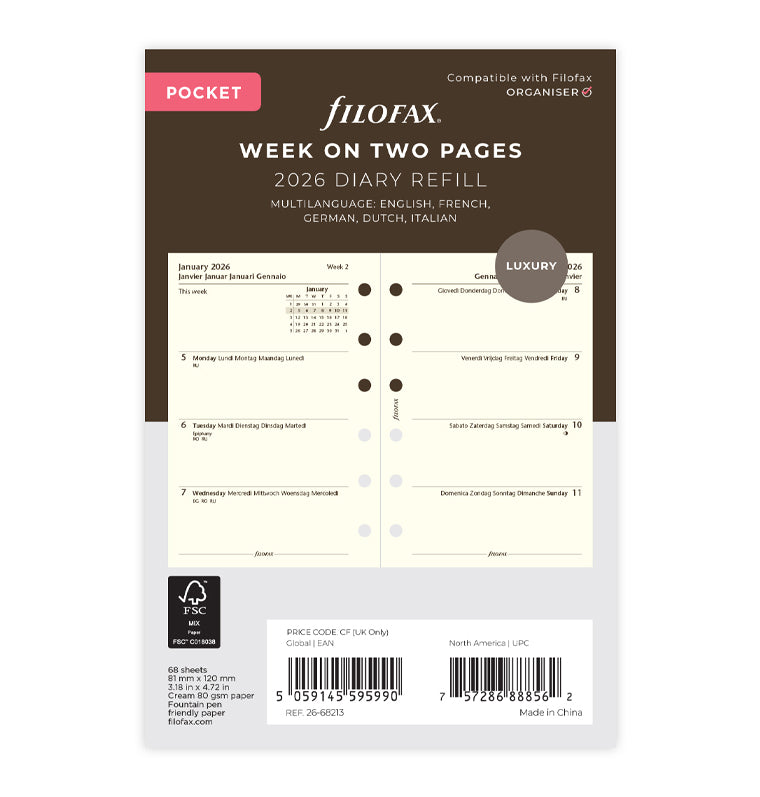 kalendár týždeň/2 strany 2026, Vreckový, krémový, 5 jazykov