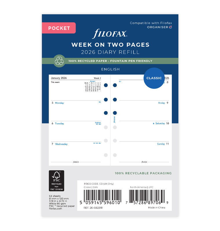 Filofax kalendár týždeň/2 strany 2026, Vreckový, anglický, recyklovaný papier 26-68221R