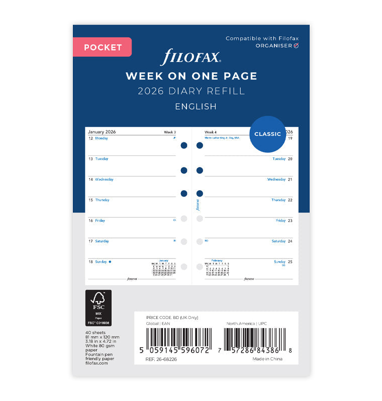 Filofax kalendár týždeň/1 strana 2026, Vreckový, anglický 26-68226