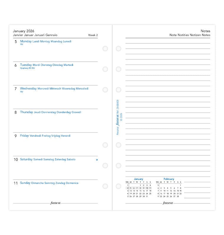 Filofax kalendár týždeň/1 strana s poznámkami 2026, Osobný, 5 jazykov 26-68409