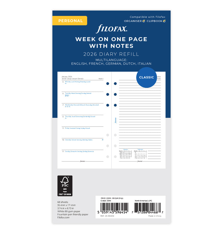 Filofax kalendár týždeň/1 strana s poznámkami 2026, Osobný, 5 jazykov 26-68409