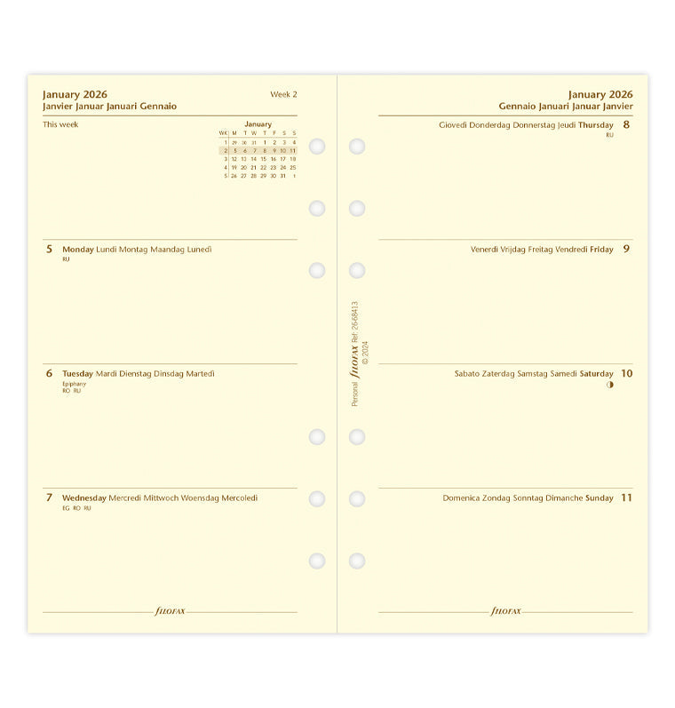 Filofax kalendár týždeň/2 strany 2026, Osobný, krémový, 5 jazykov 26-68413