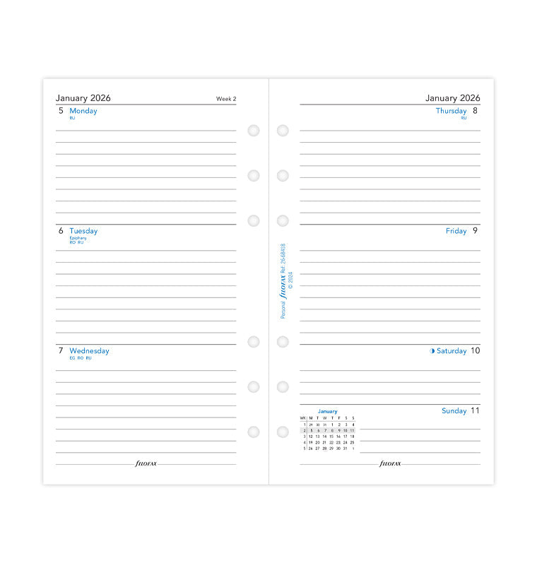 Filofax kalendár týždeň/2 strany 2026, Osobný, linajkový, anglický 26-68418