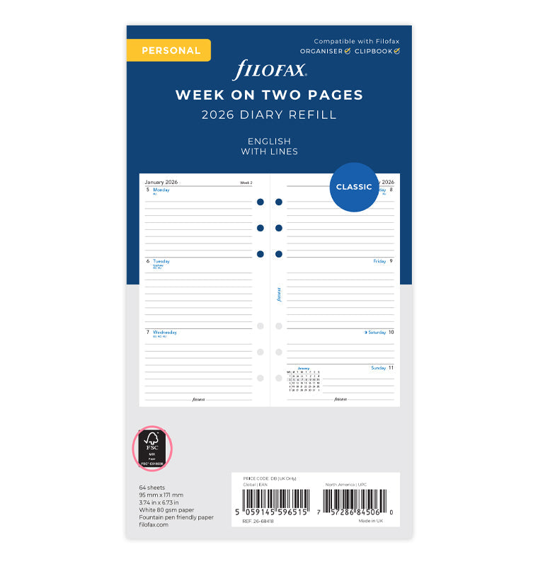 Filofax kalendár týždeň/2 strany 2026, Osobný, linajkový, anglický 26-68418