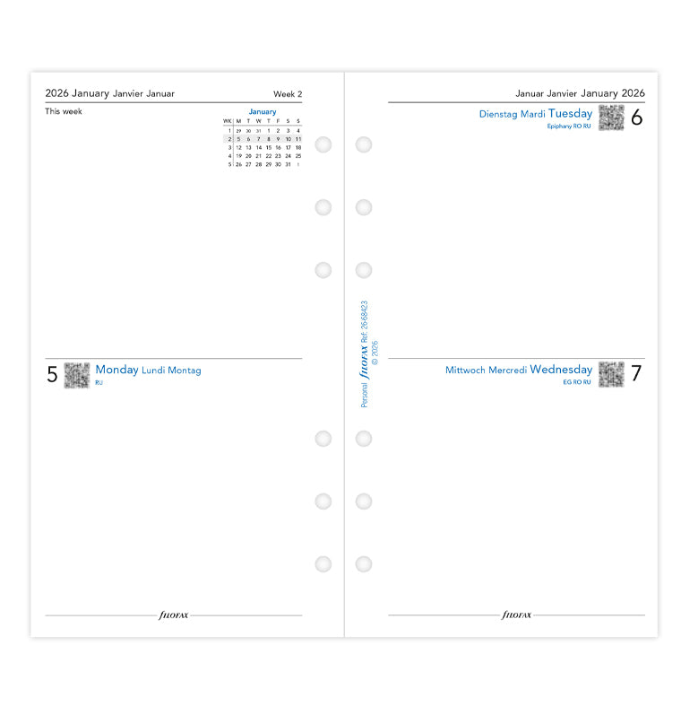 Filofax kalendár 2 dny/1 strana 2026, Osobný, 3 jazyky 26-68423