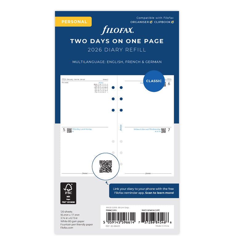 Filofax kalendár 2 dny/1 strana 2026, Osobný, 3 jazyky 26-68423