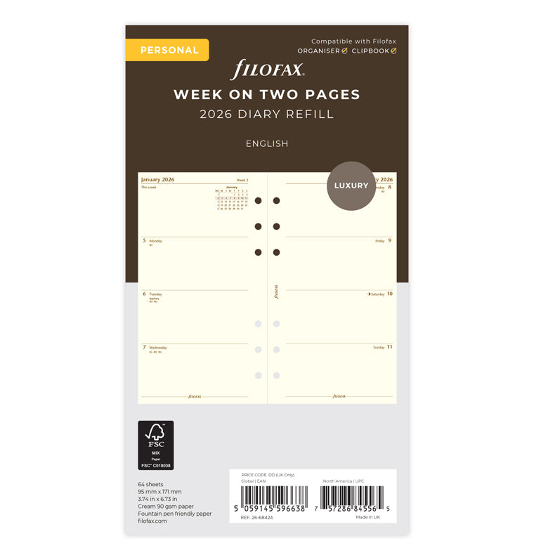 Filofax kalendár týždeň/2 strany 2026, Osobný, krémový, anglický 26-68424