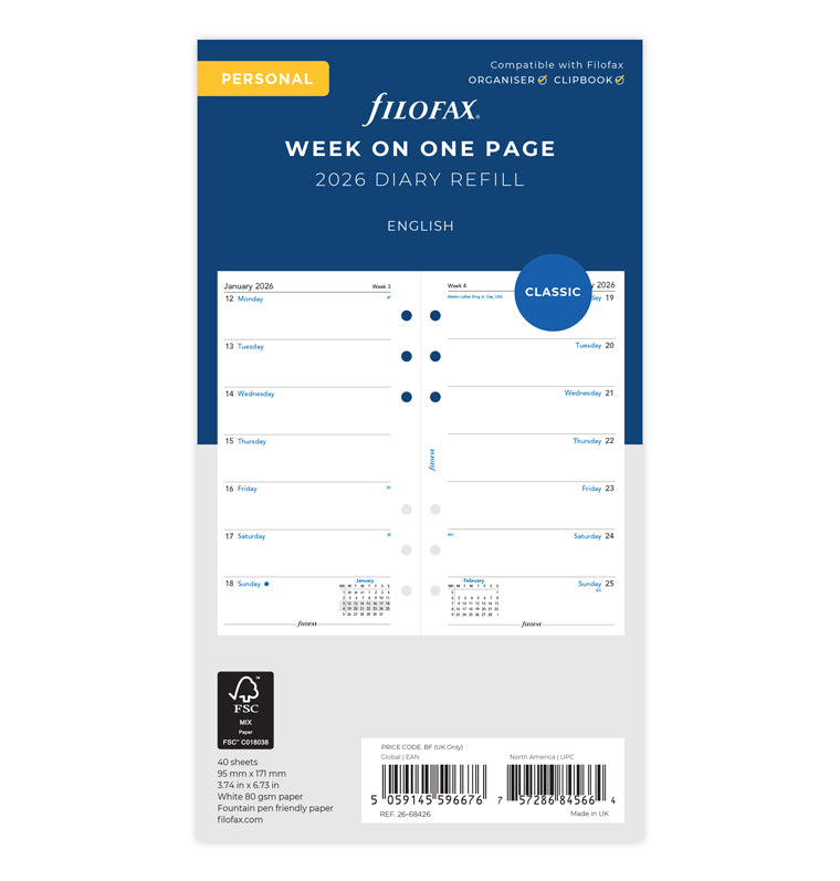 Filofax kalendár týždeň/1 strana 2026, Osobný, anglický 26-68426