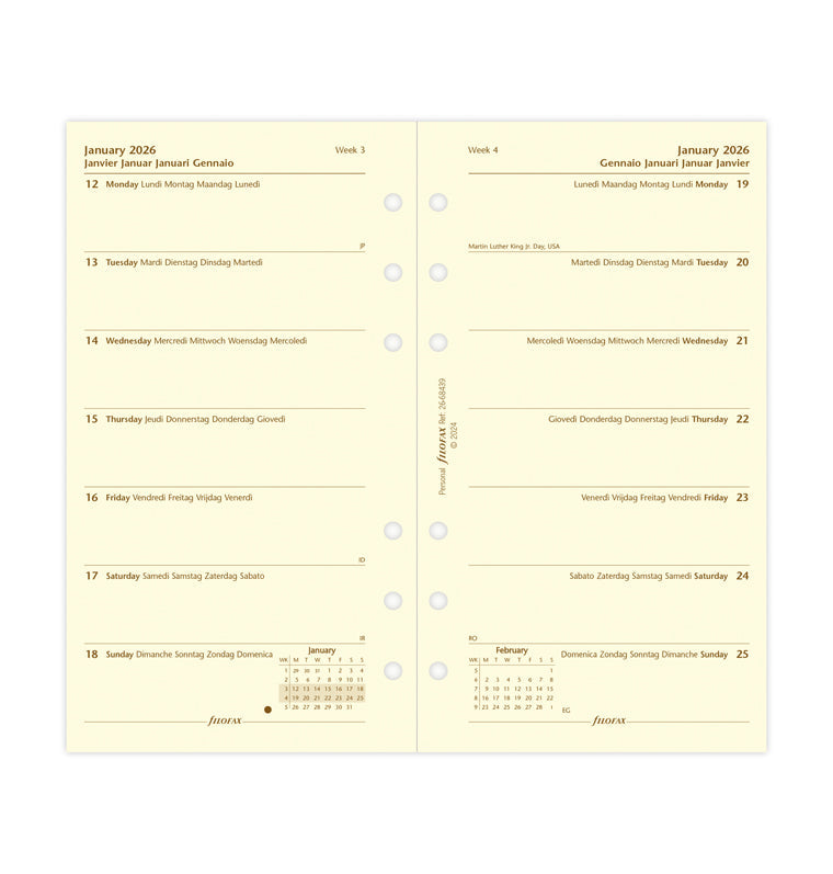 Filofax kalendár týždeň/1 strana 2026, Osobný, krémový, 5 jazykov 26-68439