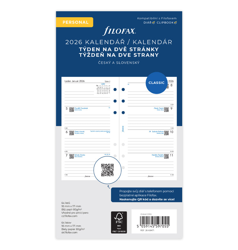 Filofax kalendár 2026 týždeň/2 strany, Osobný, ČJ+SJ 26-68471