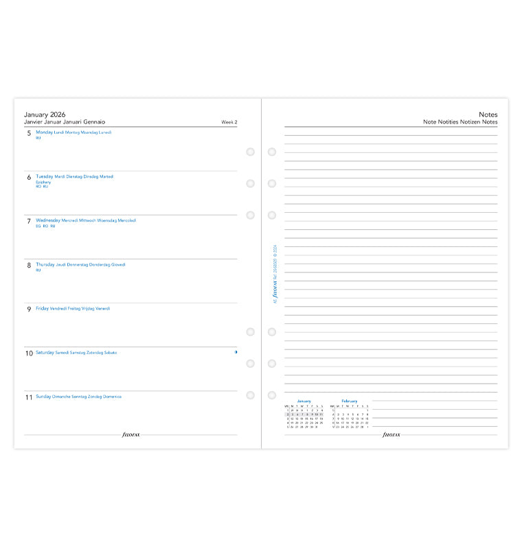 Filofax kalendár týždeň/1 strana 2026, A5, s poznámkami, 5 jazykov 26-68509