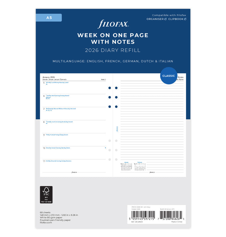 Filofax kalendár týždeň/1 strana 2026, A5, s poznámkami, 5 jazykov 26-68509