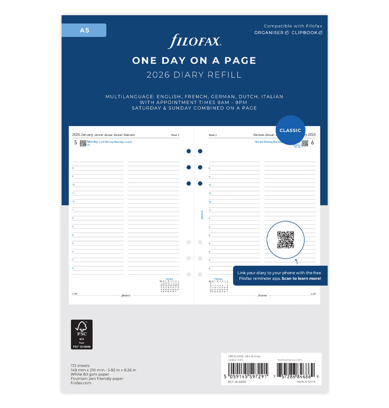 Filofax kalendár deň/1 strana 2026, A5, s časom, 5 jazykov 26-68515
