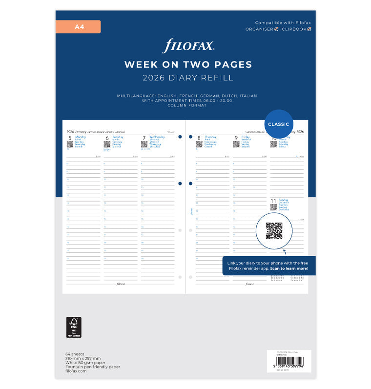 Filofax kalendár týždeň/2 strany 2026, A4, stĺpce s časom, 5 jazykov 26-68714