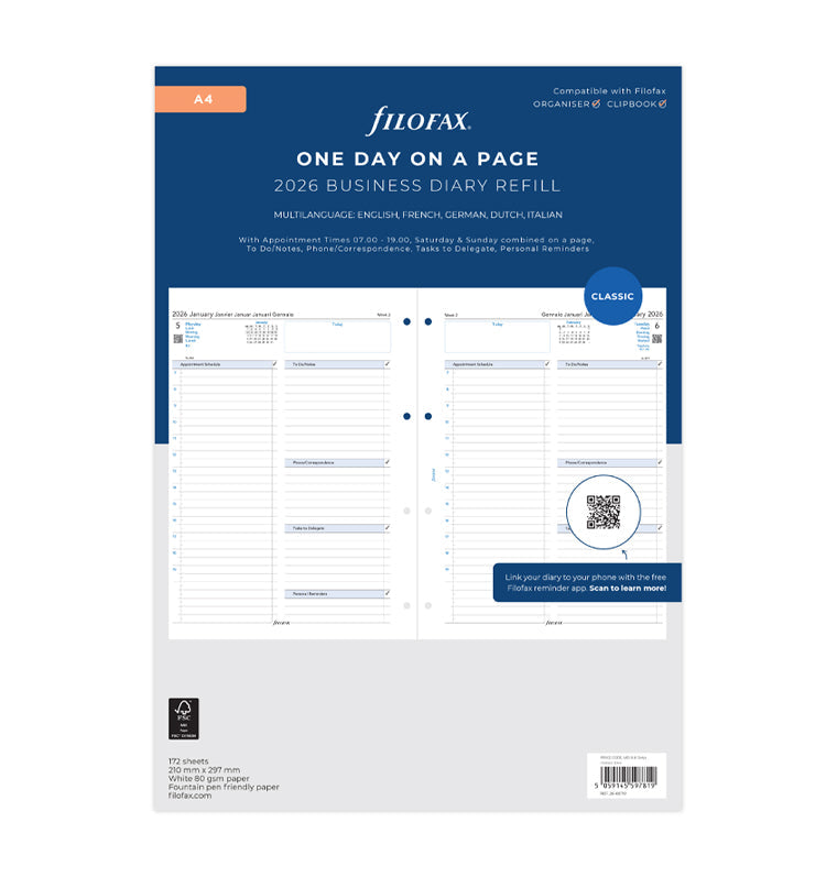 Filofax kalendár deň/1 strana 2026, A4, business, 5 jazykov 26-68719