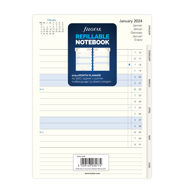 Kalendár mesiac/2 strany A5 2024, Filofax Notebook