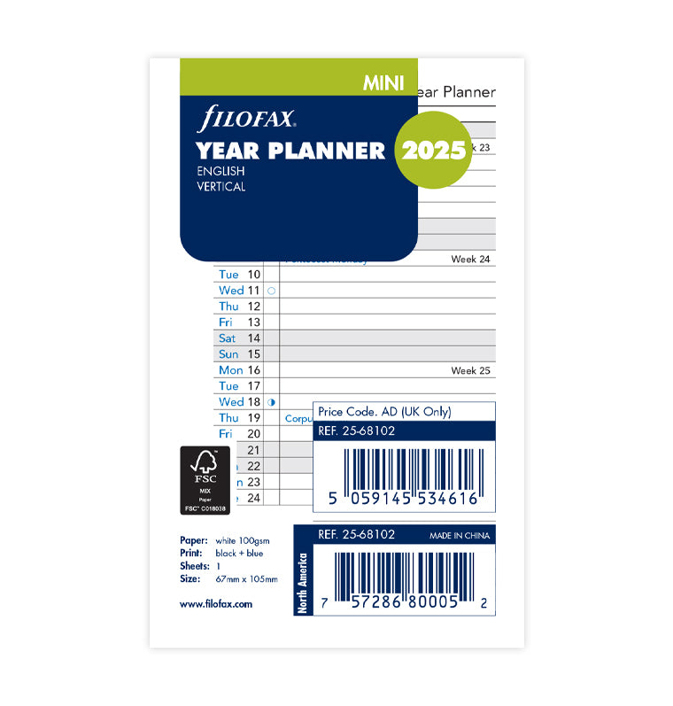 plánovací kalendár 2025, Mini, vertikálny, anglický