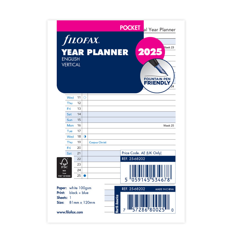 plánovací kalendár 2025, Vreckový, vertikálny, anglický